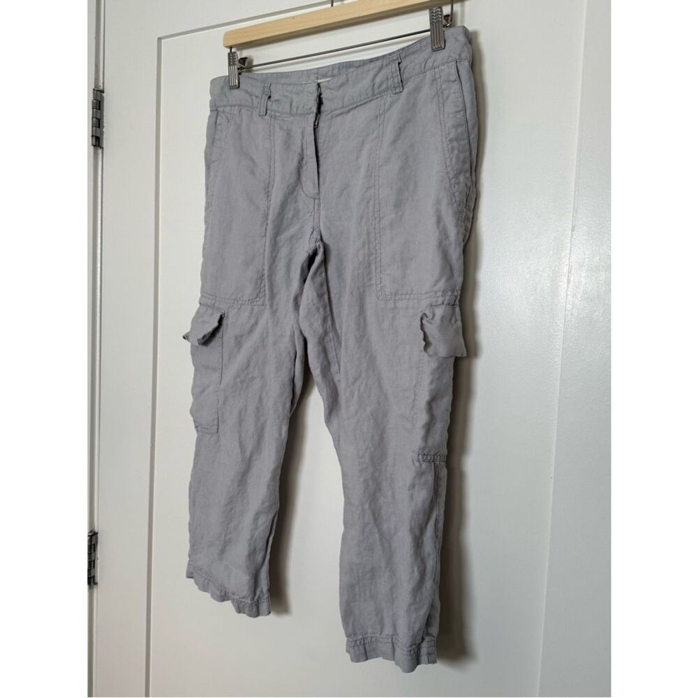 Eileen Fisher Cargo Cropped Pants Womens Sz 8 Gray Organic Linen Casual Beach - Picture 2 of 11